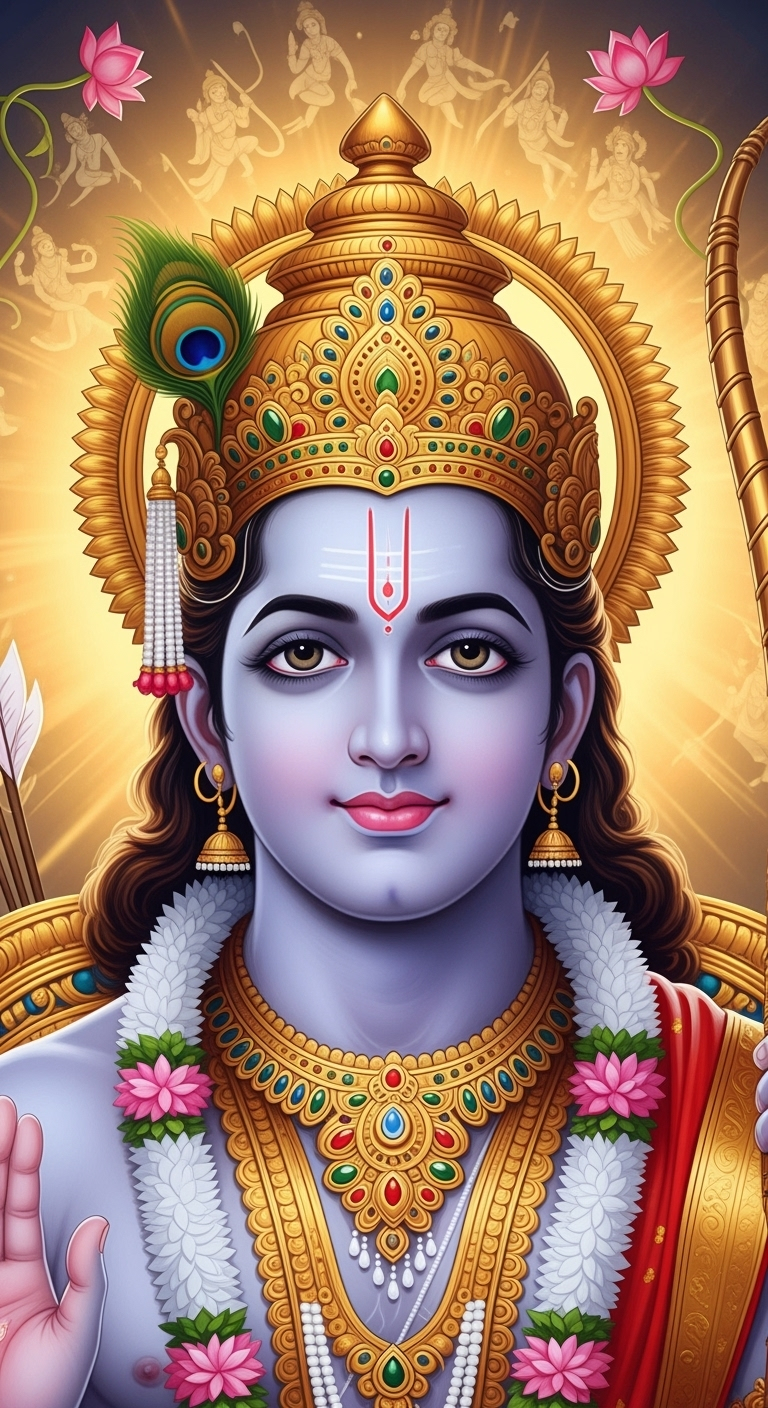 Lord Ram – Divine Portrait in Golden Aura | Pattachitra Fusion Devotional Painting