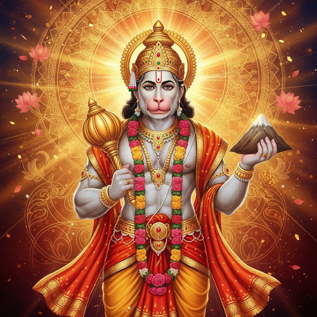Lord Hanuman with Sanjeevani Parvat – Symbol of Healing, Power, and Unwavering Devotion | HD Wallpaper