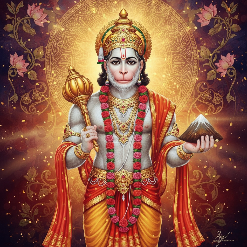 Lord Hanuman with Sanjeevani Parvat – Symbol of Healing, Strength, and Devotion | HD Wallpaper