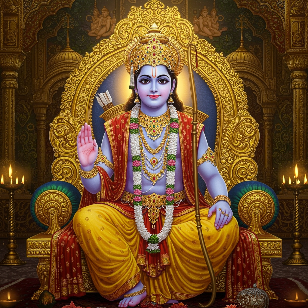 Dharma Personified: Lord Ram on Golden Throne | Divine Majesty HD Digital Art